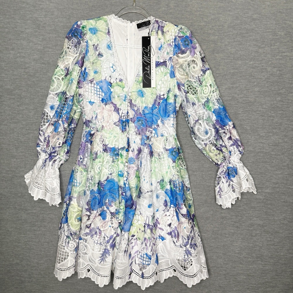 Dalia Macphee Floral Lace Long Sleeve Dress Size Small New FLAW Blue White Green